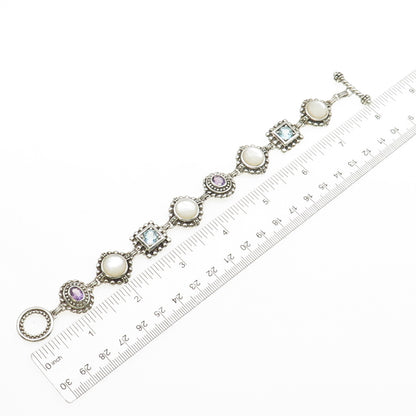 925 Sterling Silver Vintage Real MOP Amethyst & Blue Topaz Bracelet 7.75"