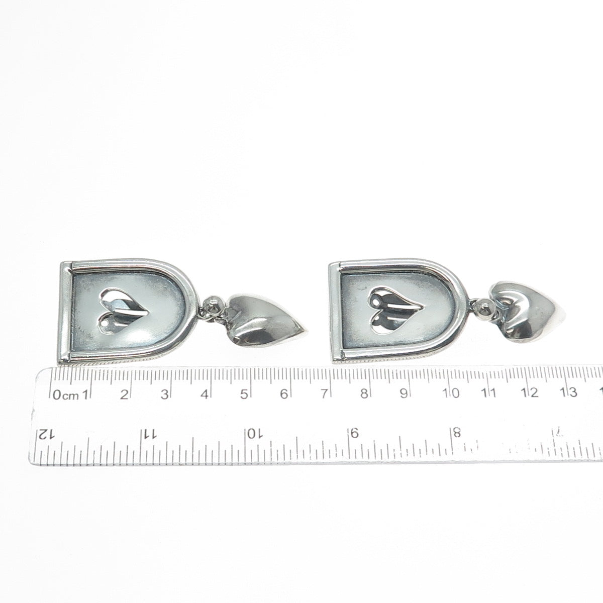 925 Sterling Vintage Mexico Modernist Heart Oxidized Clip On Dangle Earrings