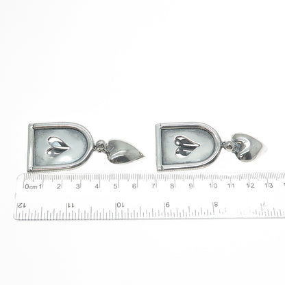 925 Sterling Vintage Mexico Modernist Heart Oxidized Clip On Dangle Earrings