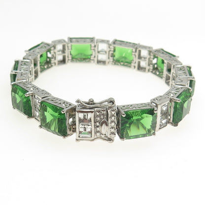 CHUCK CLEMENCY 925 Sterling Silver Green Glass & C Z Panel Link Bracelet 7.5"