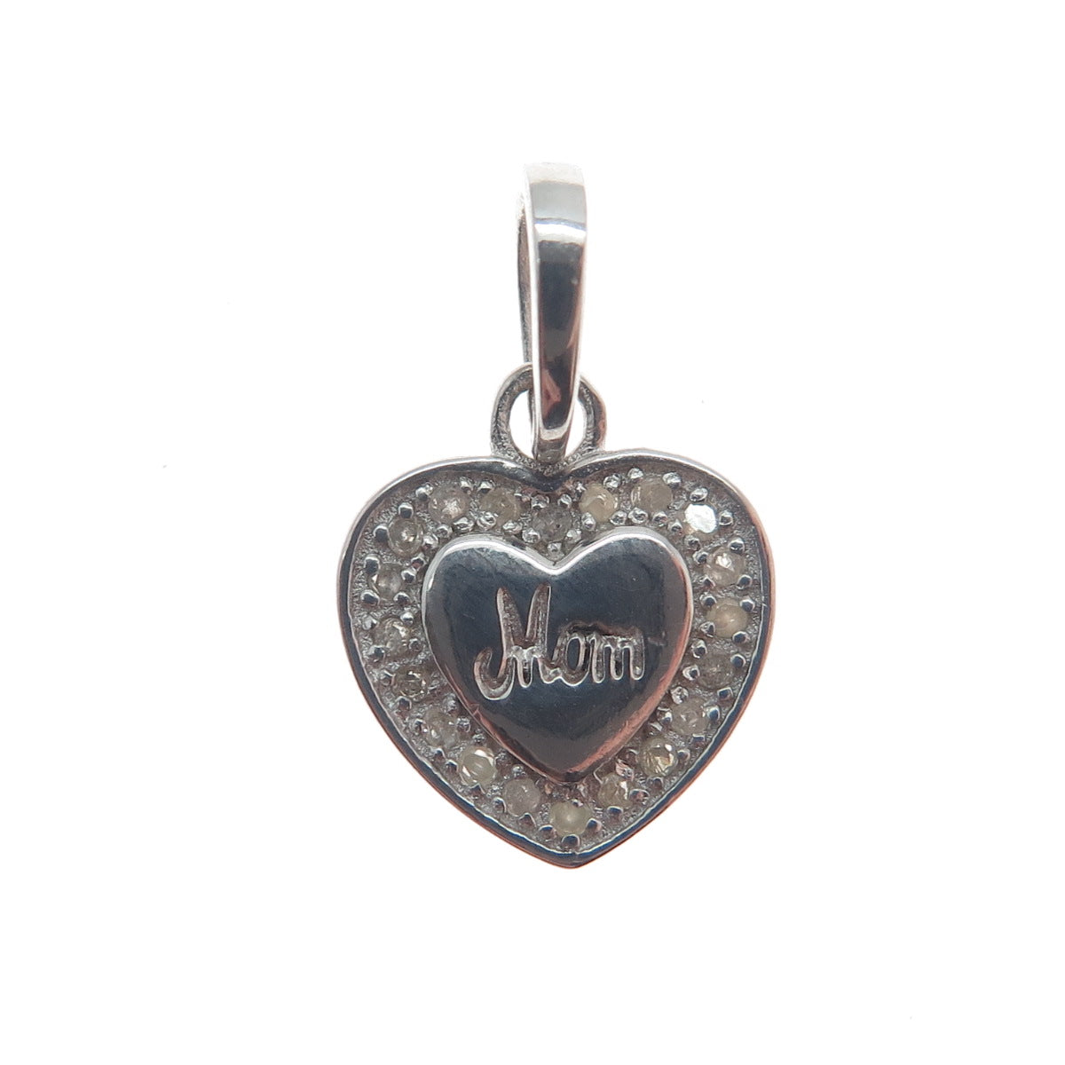 925 Sterling Silver Real Round-Cut Diamond Mom Heart Minimalist Pendant
