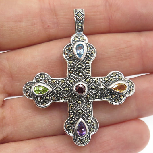 925 Sterling Silver Vintage Real Multi-Color Gem & Marcasite Cross Pendant