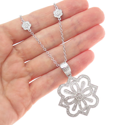 925 Sterling Silver Real Round-Cut Diamond Flower Cable Chain Necklace 20"