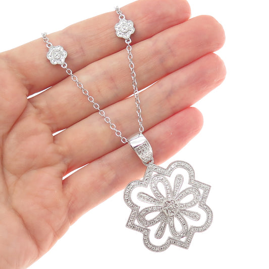 925 Sterling Silver Real Round-Cut Diamond Flower Cable Chain Necklace 20"