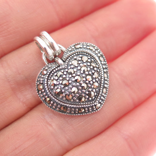 925 Sterling Silver Vintage Real Marcasite Open Heart Oxidized Charm Pendant