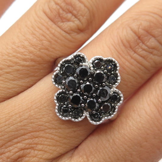 925 Sterling Silver Real Black Diamond Clover Cocktail Ring Size 7