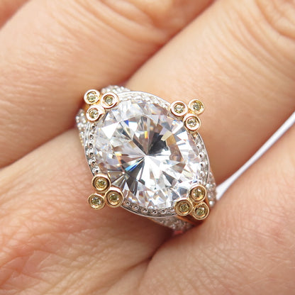 925 Sterling Silver Gold Plated C Z Wide Ring Size 6