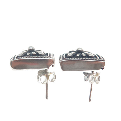 925 Sterling Silver Vintage Floral Roped Bezel Oxidized Stud Earrings
