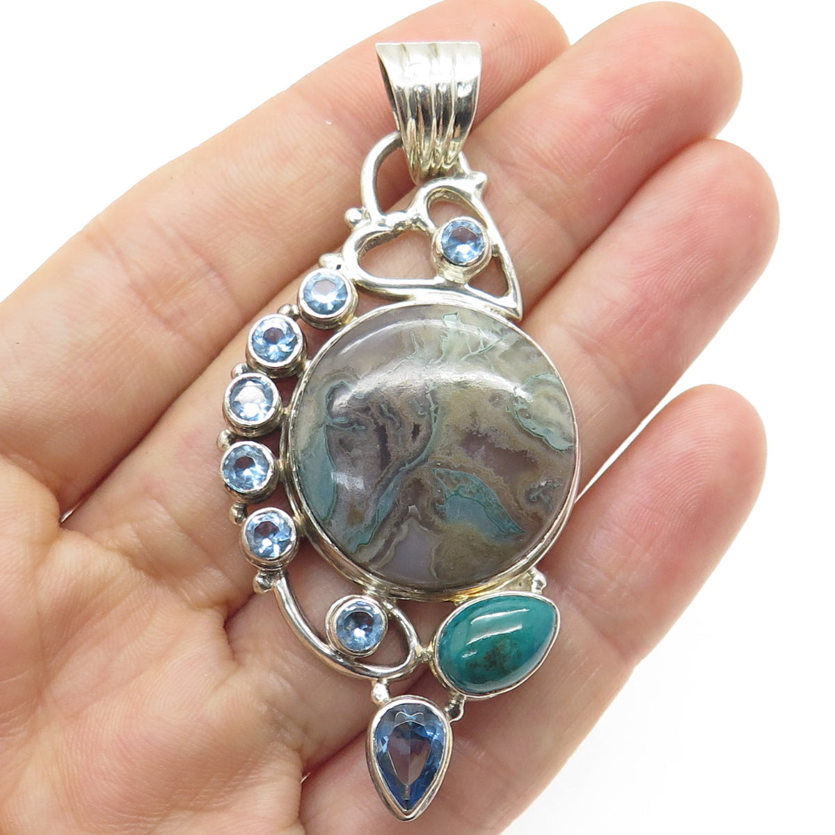 925 Sterling Silver Vintage Real Agate Turquoise & Aquamarine Modernist Pendant