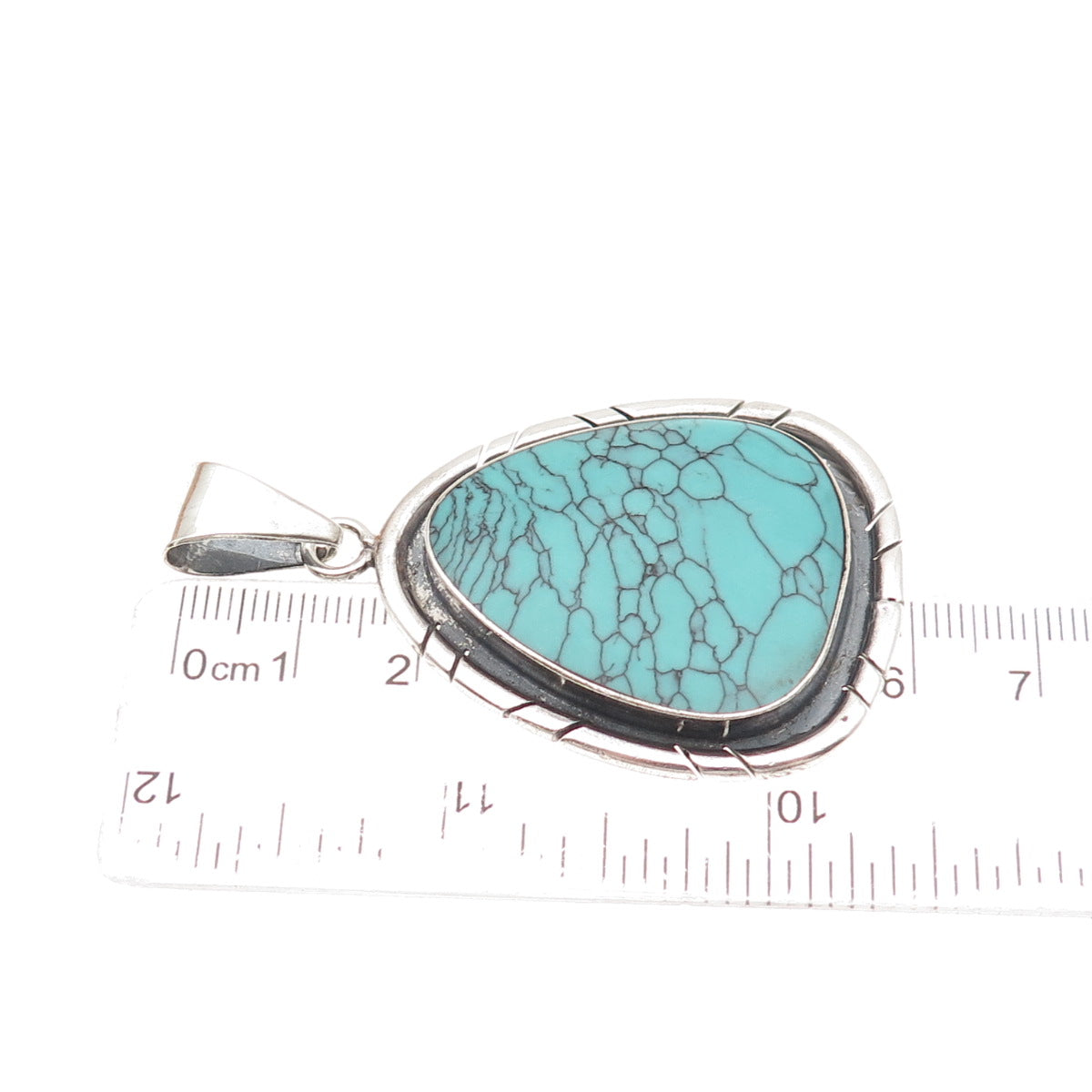 925 Sterling Silver Vintage Mexico Real Turquoise Modernist Oxidized Pendant