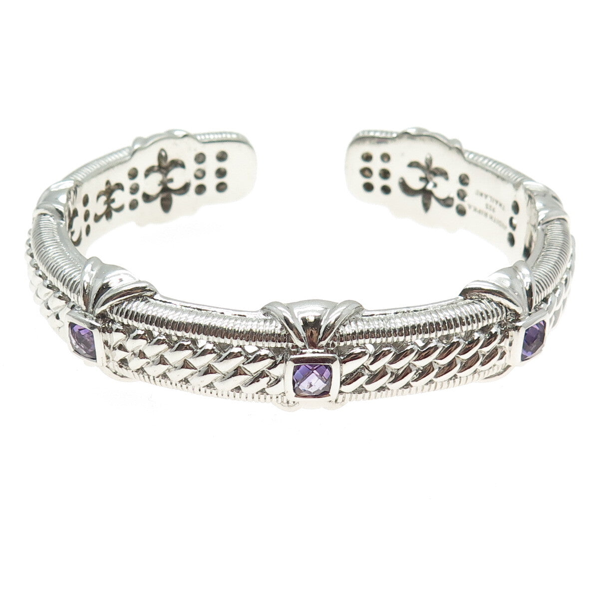 JUDITH RIPKA 925 Sterling Silver Amethyst Gem Boho Heavy Cuff Bracelet 7.5"