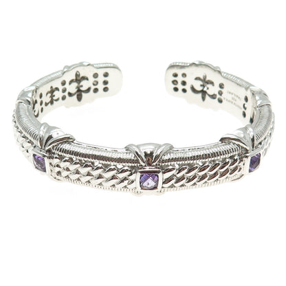 JUDITH RIPKA 925 Sterling Silver Amethyst Gem Boho Heavy Cuff Bracelet 7.5"