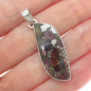 925 Sterling Vintage Real Pyrite Tourmaline & Red Garnet Inlay Modernist Pendant