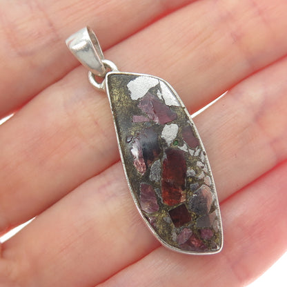 925 Sterling Vintage Real Pyrite Tourmaline & Red Garnet Inlay Modernist Pendant