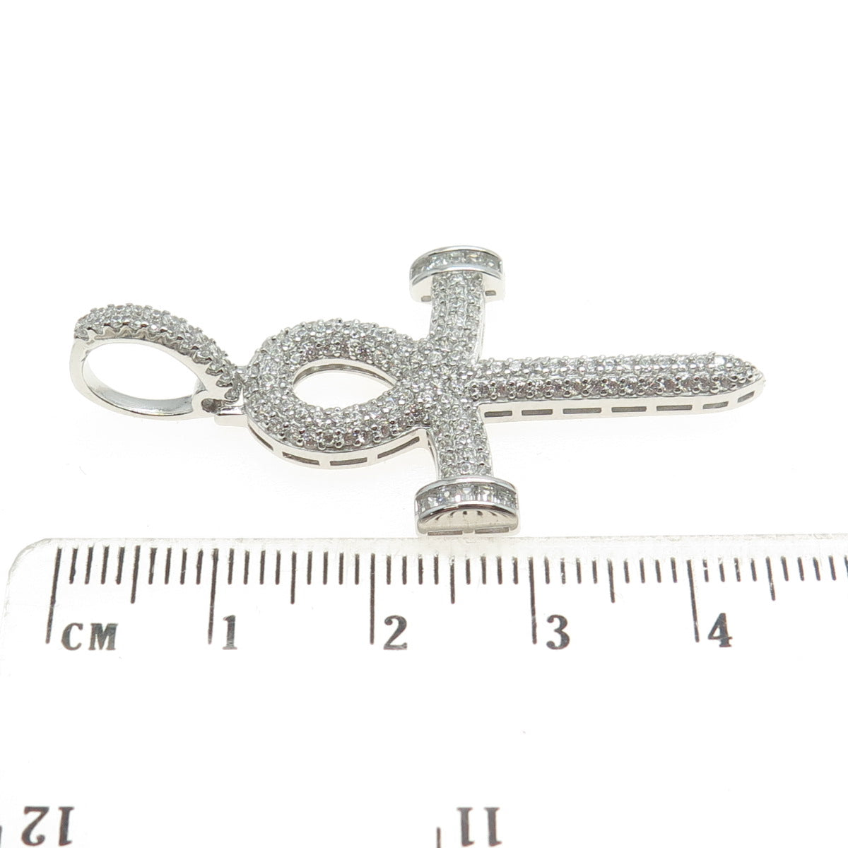 925 Sterling Silver Pave C Z Ankh Cross Pendant