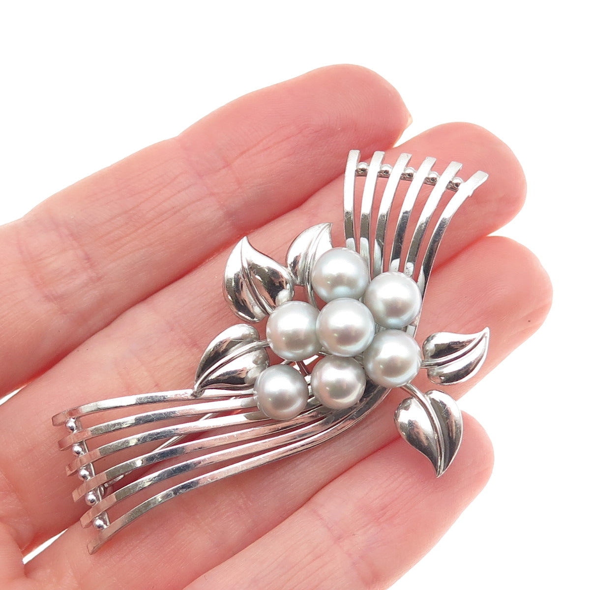 925 Sterling Silver Antique Art Deco Real Akoya Pearl Floral Pin Brooch