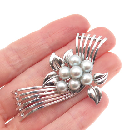 925 Sterling Silver Antique Art Deco Real Akoya Pearl Floral Pin Brooch
