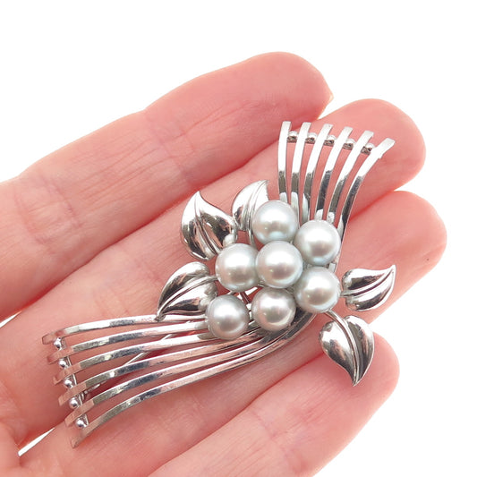 925 Sterling Silver Antique Art Deco Real Akoya Pearl Floral Pin Brooch
