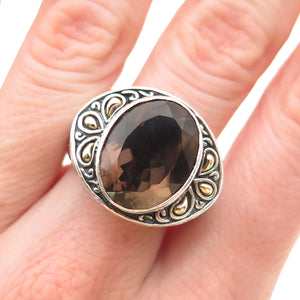 BJC Samuel Benham Sterling Silver 18K Gold Vintage Real Smoky Quartz Ring Size 8