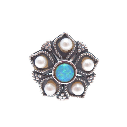 925 Sterling Silver Vintage Real Pearl & Opal Flower Oxidized Ring Size 7.25