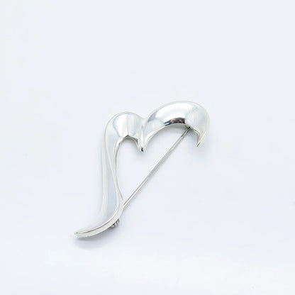 925 Sterling Silver Vintage Modernist Half Heart Pin Brooch