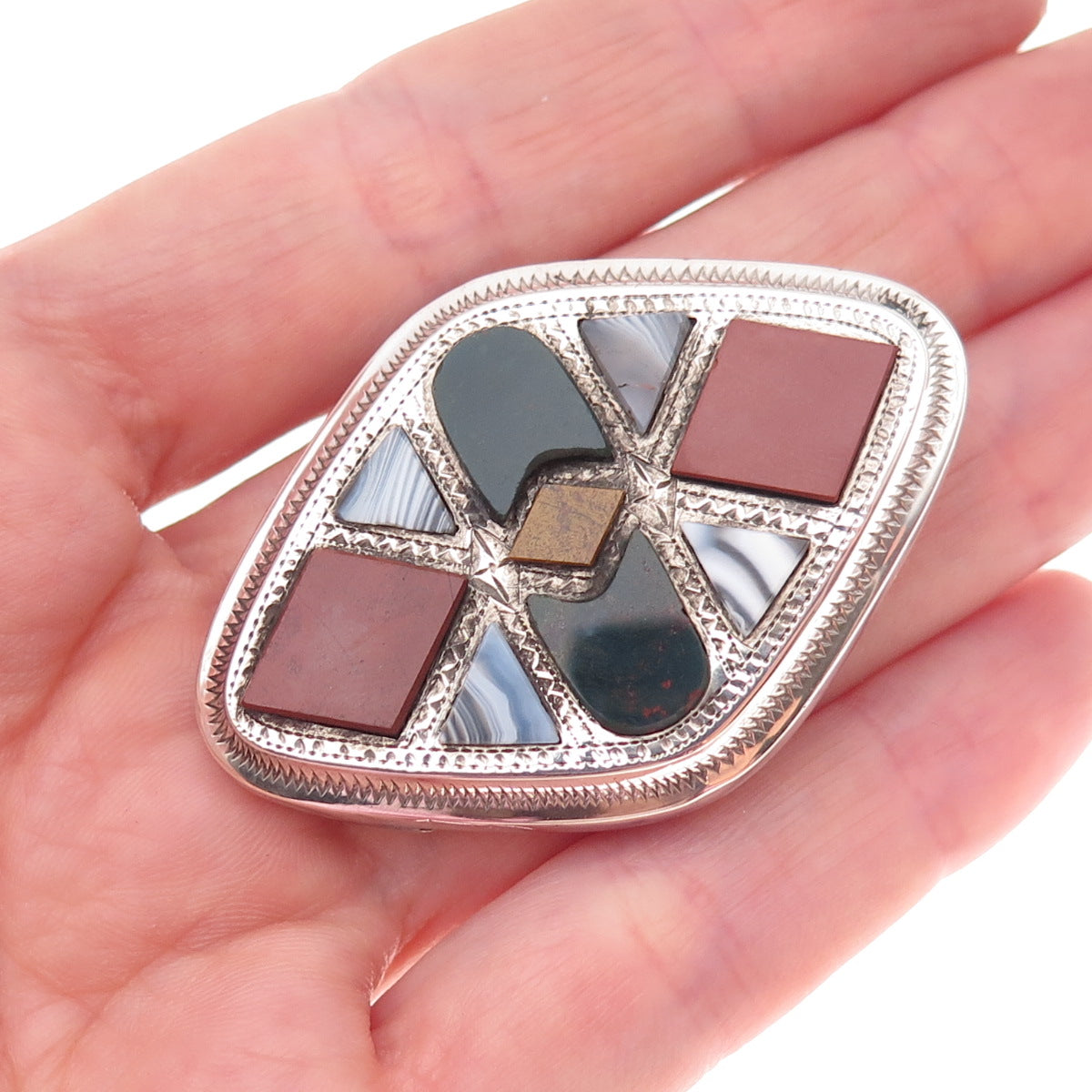 925 Sterling Silver Antique Scottish Real Bloodstone Agate Jasper Pin Brooch