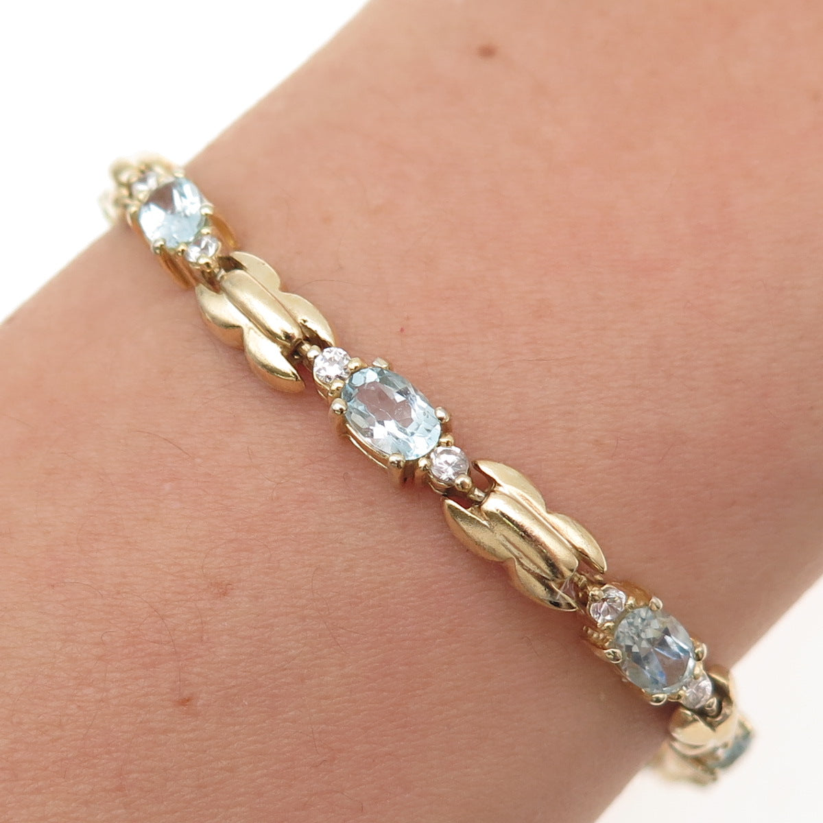 HAN 925 Sterling Silver Gold Plated Real Blue Topaz & C Z Bracelet 7"