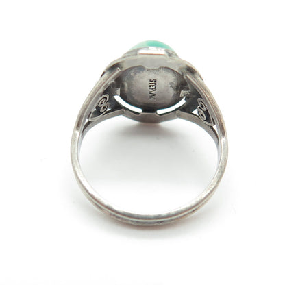 925 Sterling Silver Antique Art Deco Glass Heart Oxidized Ring Size 4.75