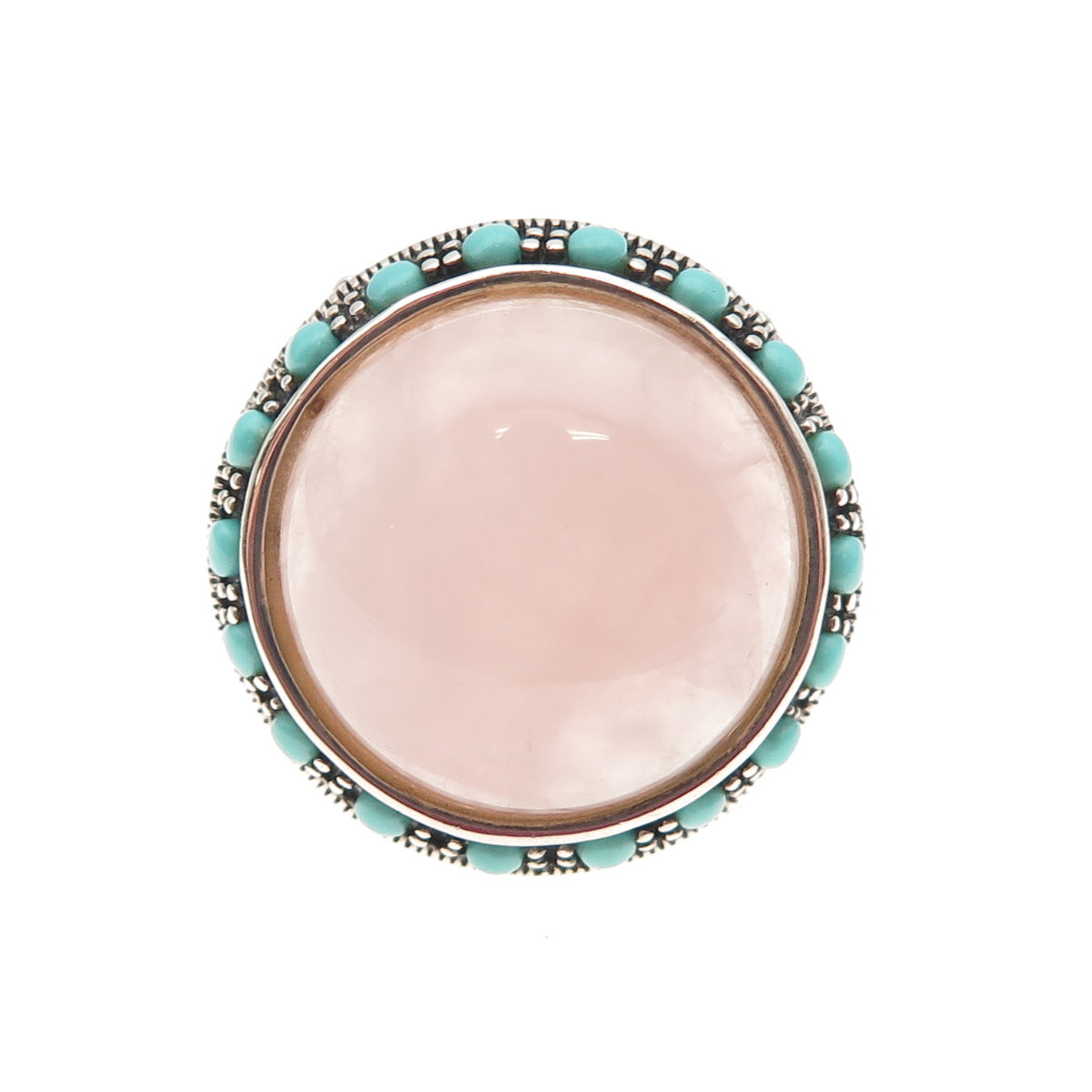 925 Sterling Silver Vintage Real Rose Quartz Turquoise Modernist Ring Size 7.75