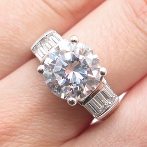 GSJ GOLD STONE 925 Sterling Round & Baguette-Cut C Z Engagement Ring Size 7.25