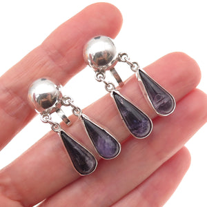 925 Sterling Silver Vintage Mexico Real Amethyst Modernist Screw Back Earrings