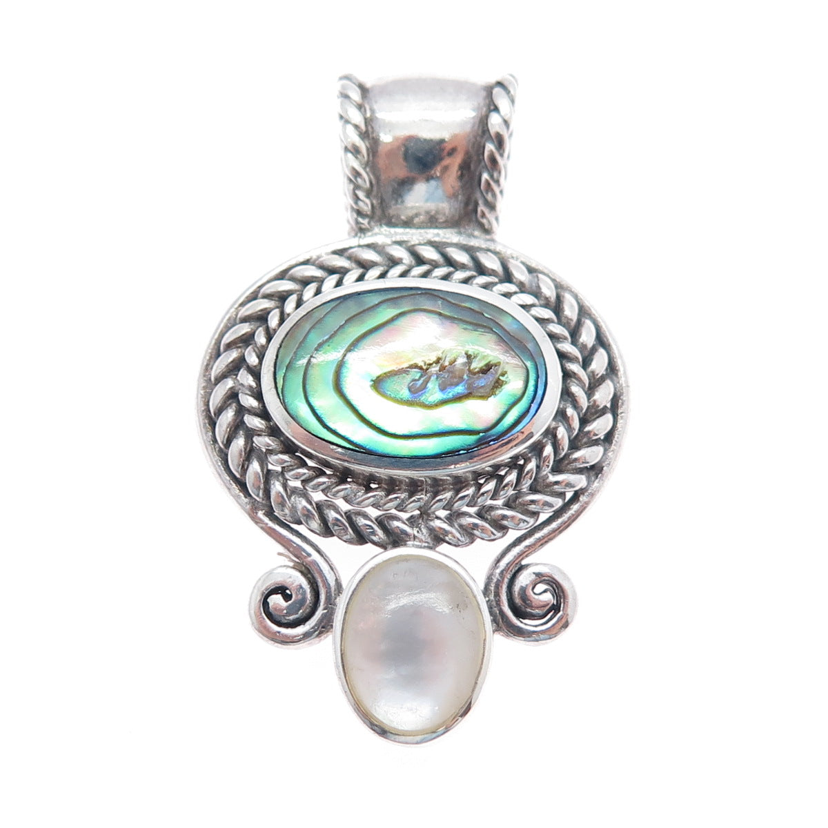 925 Sterling Silver Vintage Real Abalone Shell & MOP Oxidized Pendant