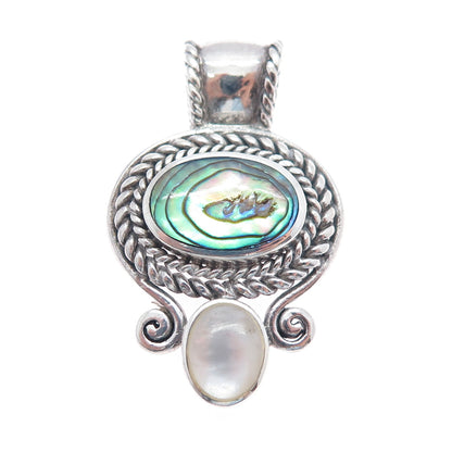 925 Sterling Silver Vintage Real Abalone Shell & MOP Oxidized Pendant