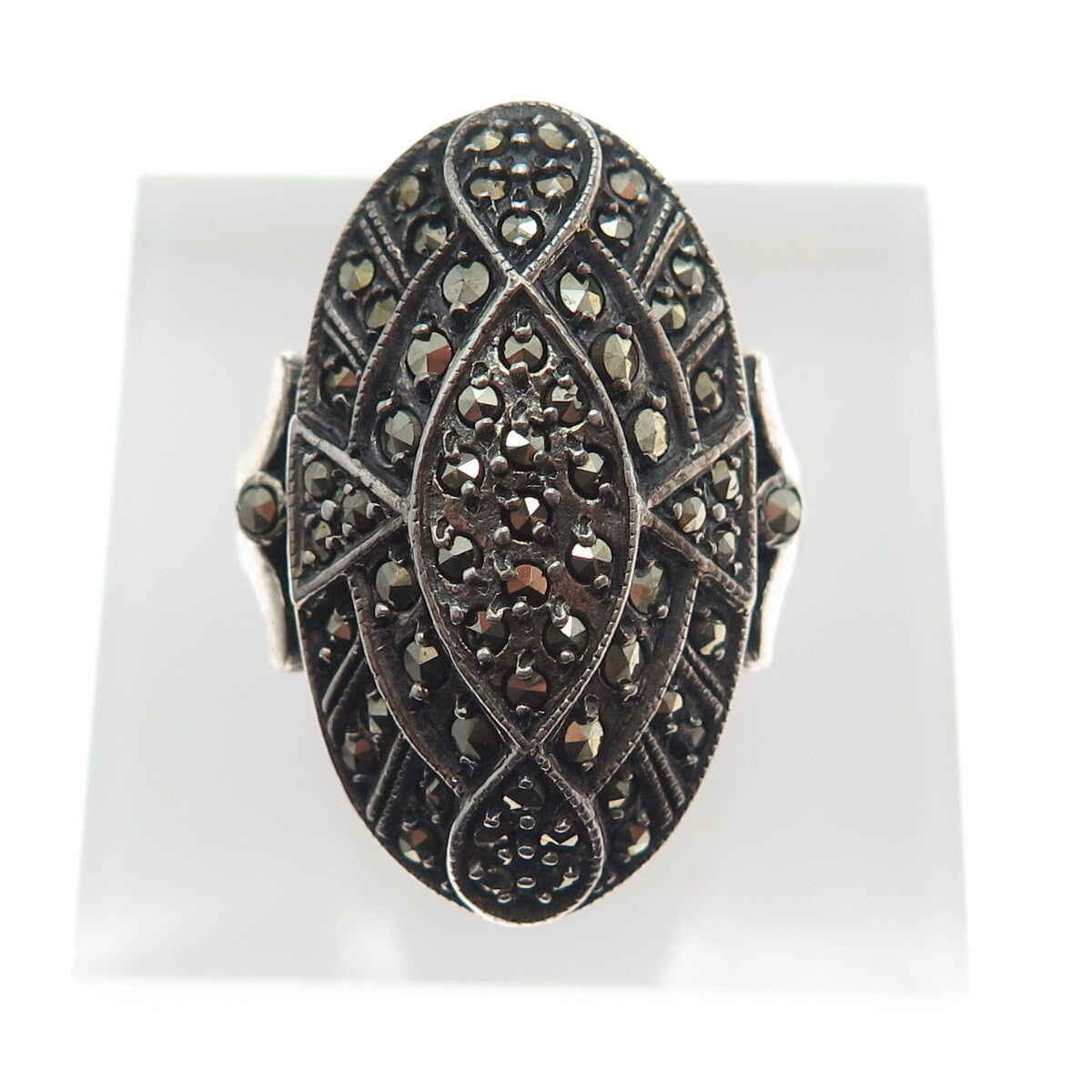925 Sterling Silver Antique Art Deco Real Marcasite Oxidized Ring Size 7