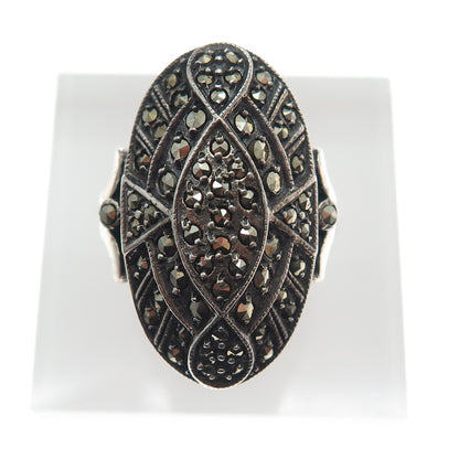 925 Sterling Silver Antique Art Deco Real Marcasite Oxidized Ring Size 7