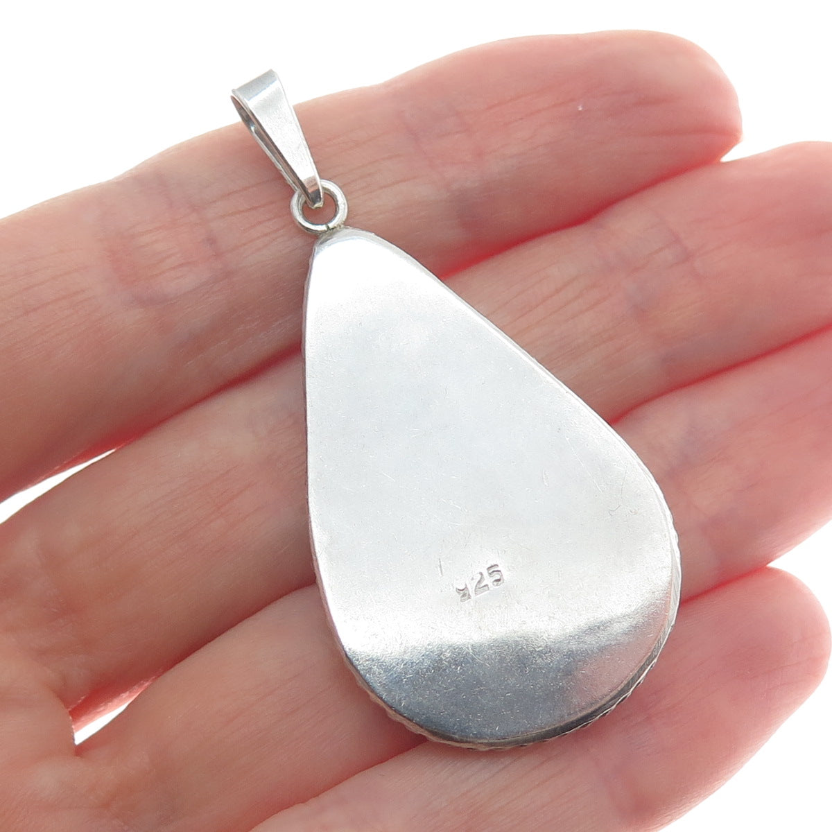 925 Sterling Silver Vintage Real Jade Gemstone Roped Bezel Teardrop Pendant