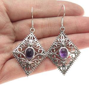925 Sterling Silver Vintage Real Amethyst Flower Oxidized Dangle Earrings
