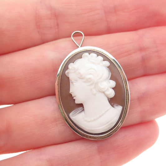 800 Silver 2-Tone Antique Art Deco Real MOP Lady Cameo Pin Brooch / Pendant