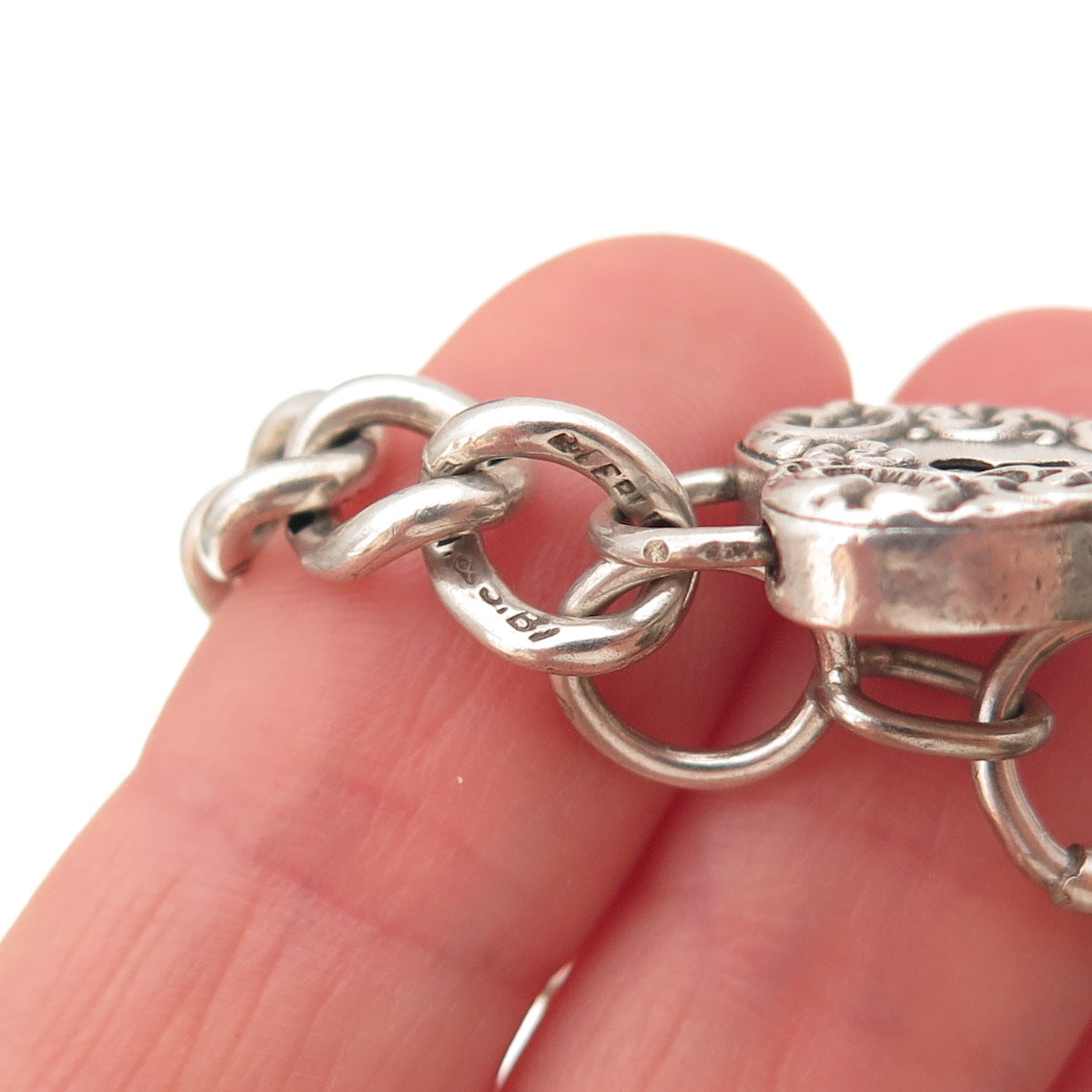 925 Sterling Silver Antique Art Deco Heart Padlock Curb Link Bracelet 7.75"