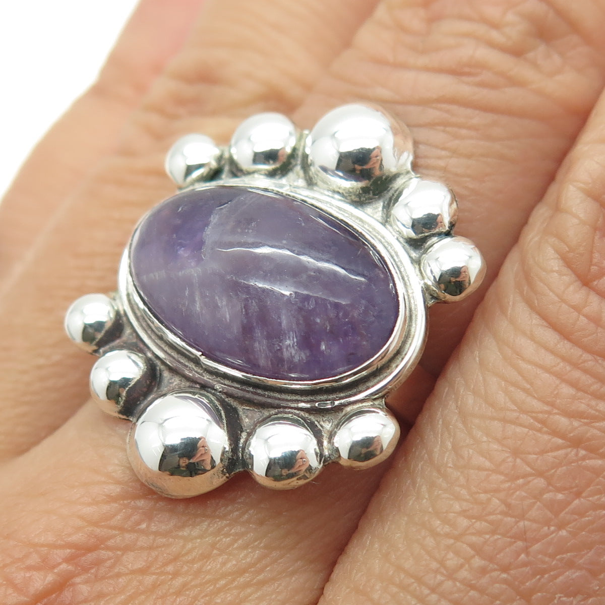 925 Sterling Silver Vintage Real Amethyst Beaded Modernist Ring Size 7.25