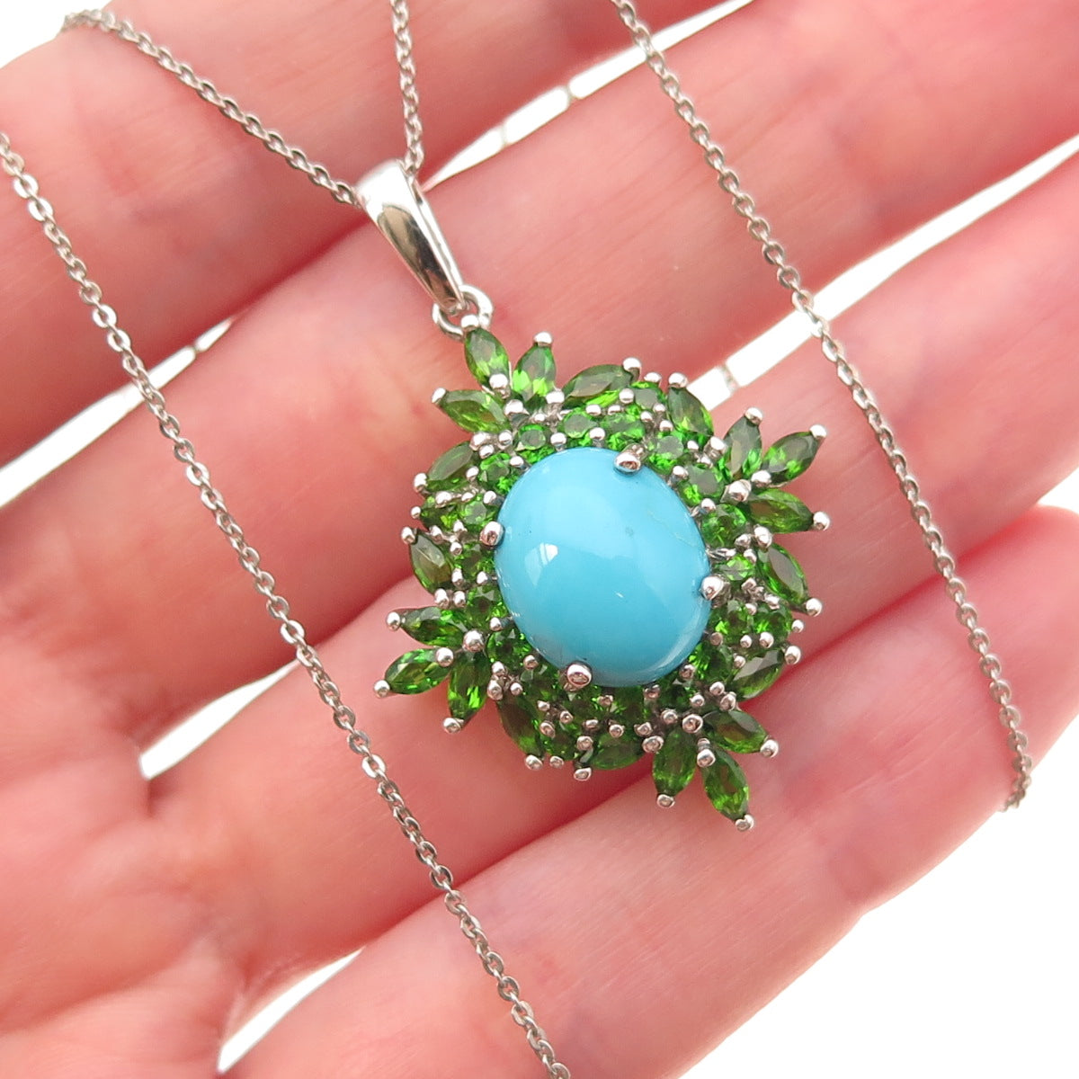 D'Joy 925 Sterling Silver Real Turquoise & Peridot Cable Chain Necklace 20"