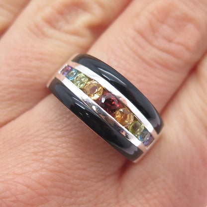 925 Sterling Real Onyx Blue Topaz Citrine Garnet Amethyst Peridot Ring Size 9.25