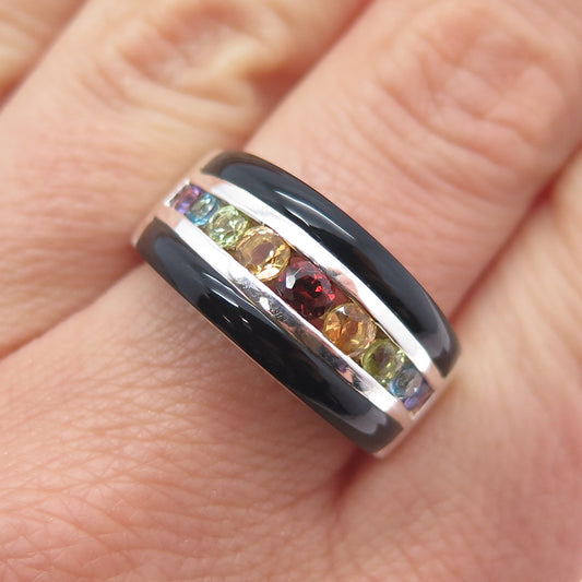 925 Sterling Real Onyx Blue Topaz Citrine Garnet Amethyst Peridot Ring Size 9.25