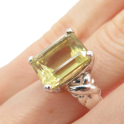 925 Sterling Silver Vintage Real Emerald-Cut Lime Citrine Ring Size 5.75