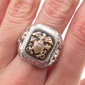 925 Sterling Silver 2-Tone Antique WWII US Navy Eagle Oxidized Ring Size 8.75