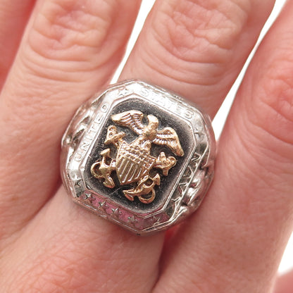 925 Sterling Silver 2-Tone Antique WWII US Navy Eagle Oxidized Ring Size 8.75