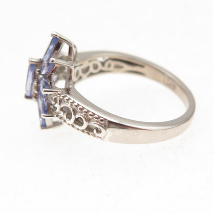 D'Joy 925 Sterling Silver Real Marquise-Cut Tanzanite Floral Ring Size 8