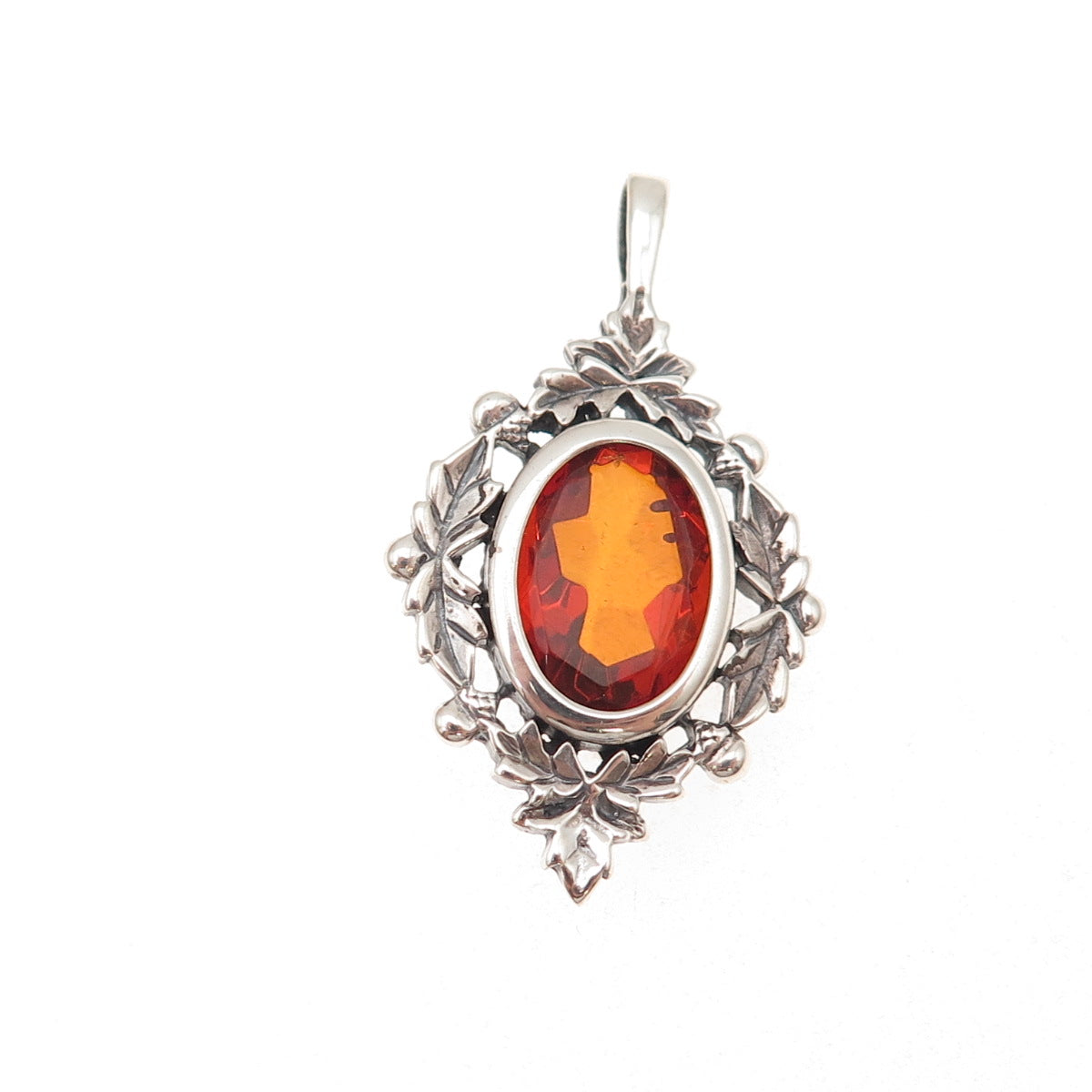925 Sterling Silver Vintage Real Amber Floral Oxidized Charm Pendant