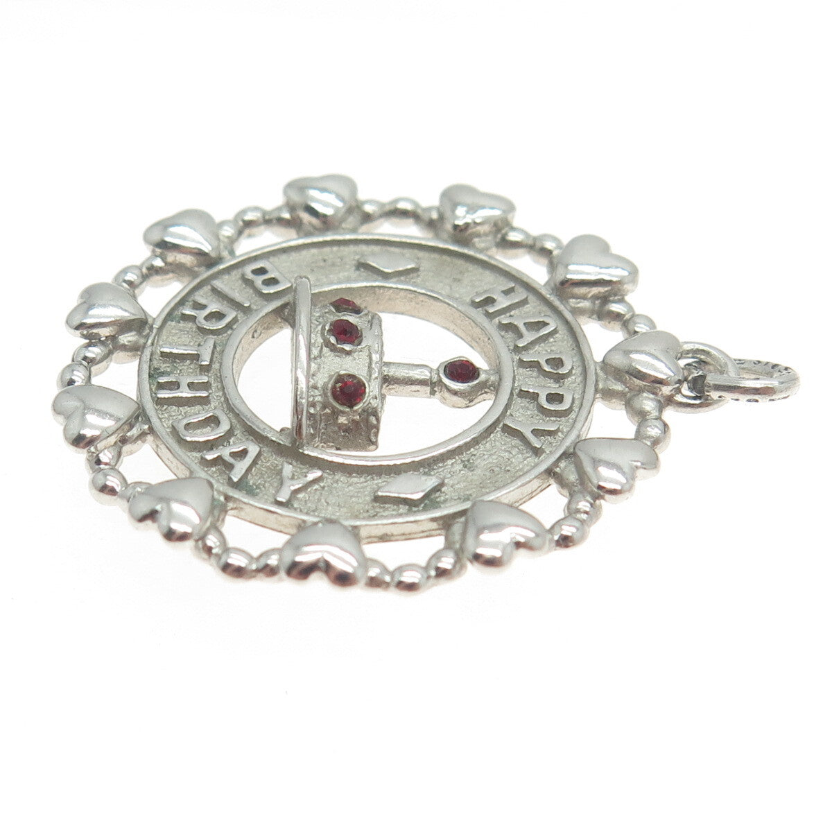 WELLS 925 Sterling Silver Vintage Red Rhinestone Happy Birthday Cake Pendant