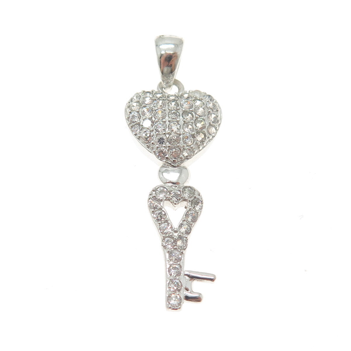 925 Sterling Silver Round-Cut Shaped C Z Heart & Key Pendant